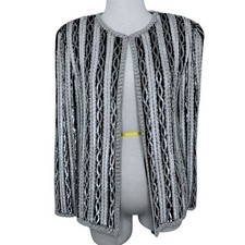 Adrianna Papell Beaded Evening Jacket S Silk Silver Black WHT Open Front Formal