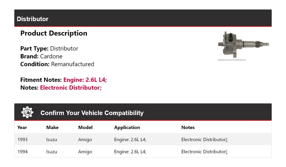Для 1993-1994 Isuzu Amigo 2,6 л L4 дистрибьютор Cardone - Изображение 2 из 4
