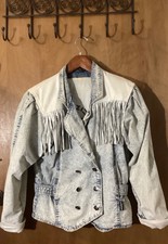 Izzi Blue Acid Wash Denim Jacket W/white Leather Fringe Sz Small Vintage 80’s