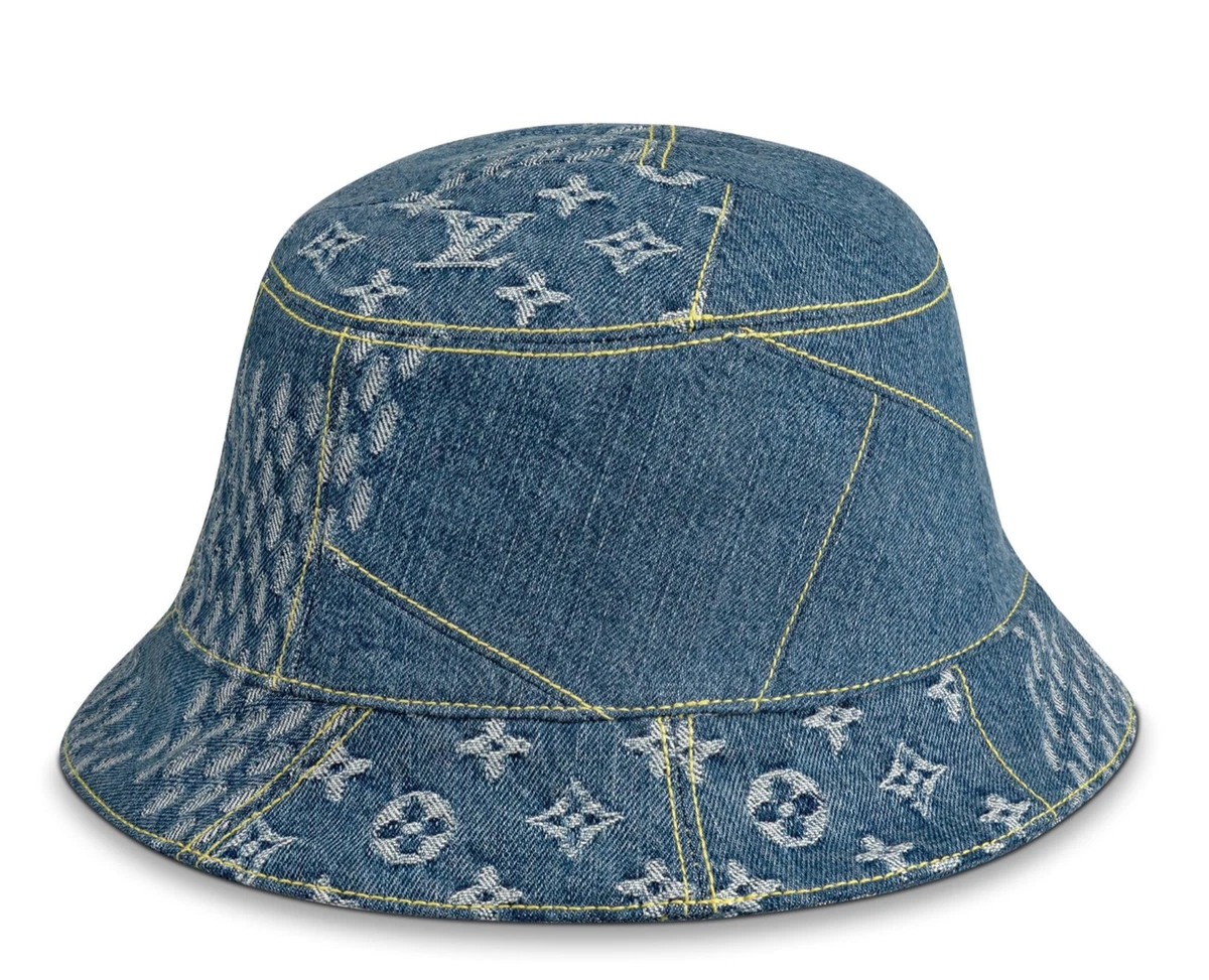 Louis Vuitton Nigo Blue Monogram Giant Wave Denim Logo Sun Bucket Hat M 58cm