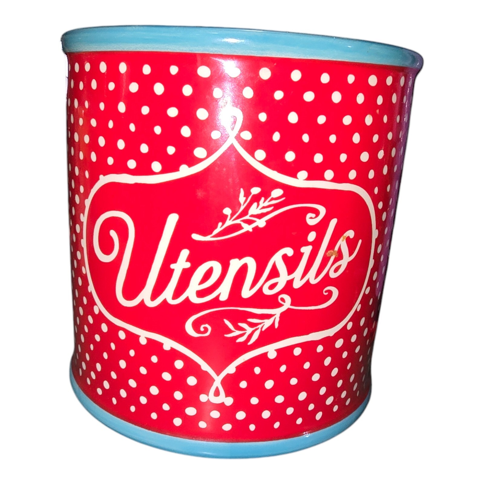 Pioneer Woman Red With White Polka Dots Blue Trim Utensil Holder