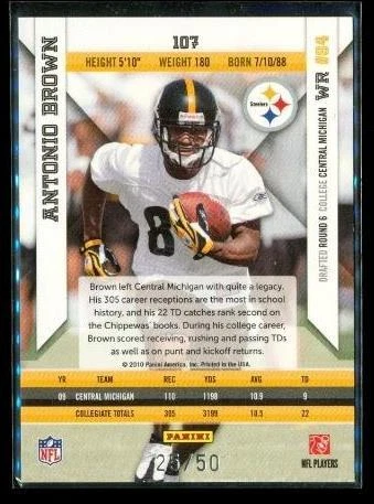 2010 Panini Epix Rookie Antonio Brown #107 25/50 Pittsburgh Steelers Platinum - Image 2 of 2