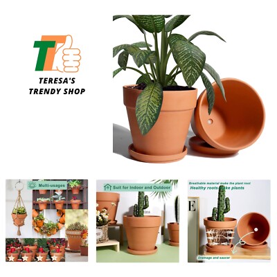 8 Inch Clay Pot for Plant with Saucer - 2 Pack Large Terra Cotta Plant Pot  wi... | eBay