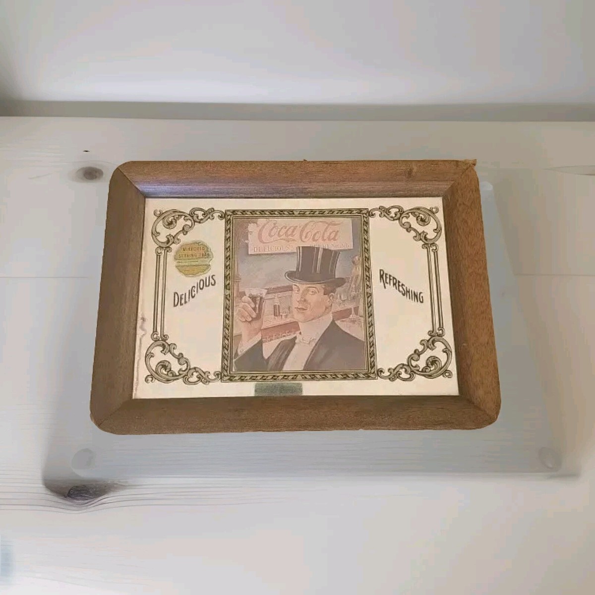 Vintage 1970's Coca-Cola Original Wood Mirror Tray Coke Serving 14