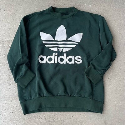 Adidas Men's Oversized Dark Green Crewneck Sweatshirt Graphic Logo