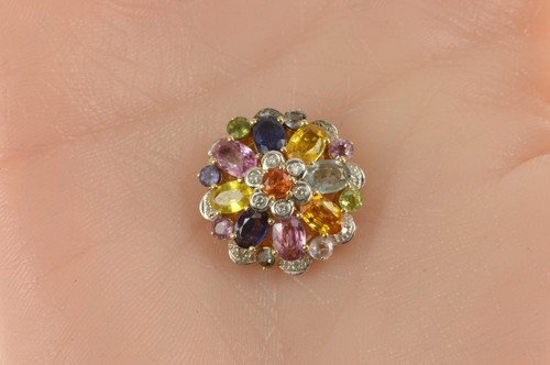 Colgante redondo de oro amarillo con racimo de flores de diamantes de zafiro natural de 14K *37 - Imagen 5 de 5