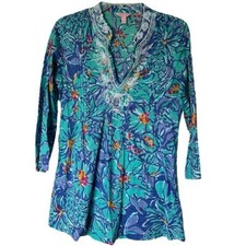 Lilly Pulitzer Beaded Blue Iris Mai Tai Kaftan Style Top Blouse Shirt size Small
