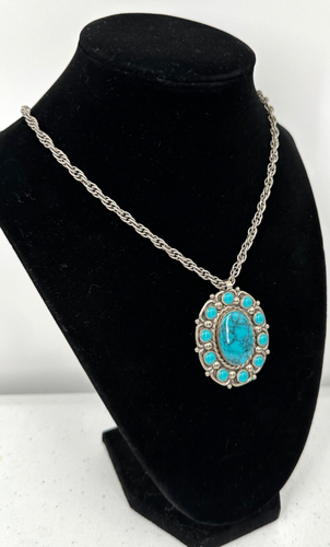 Bell Trading Post Southwestern Nickle Silver Faux Turquoise Pendant Necklace - Picture 4 of 8