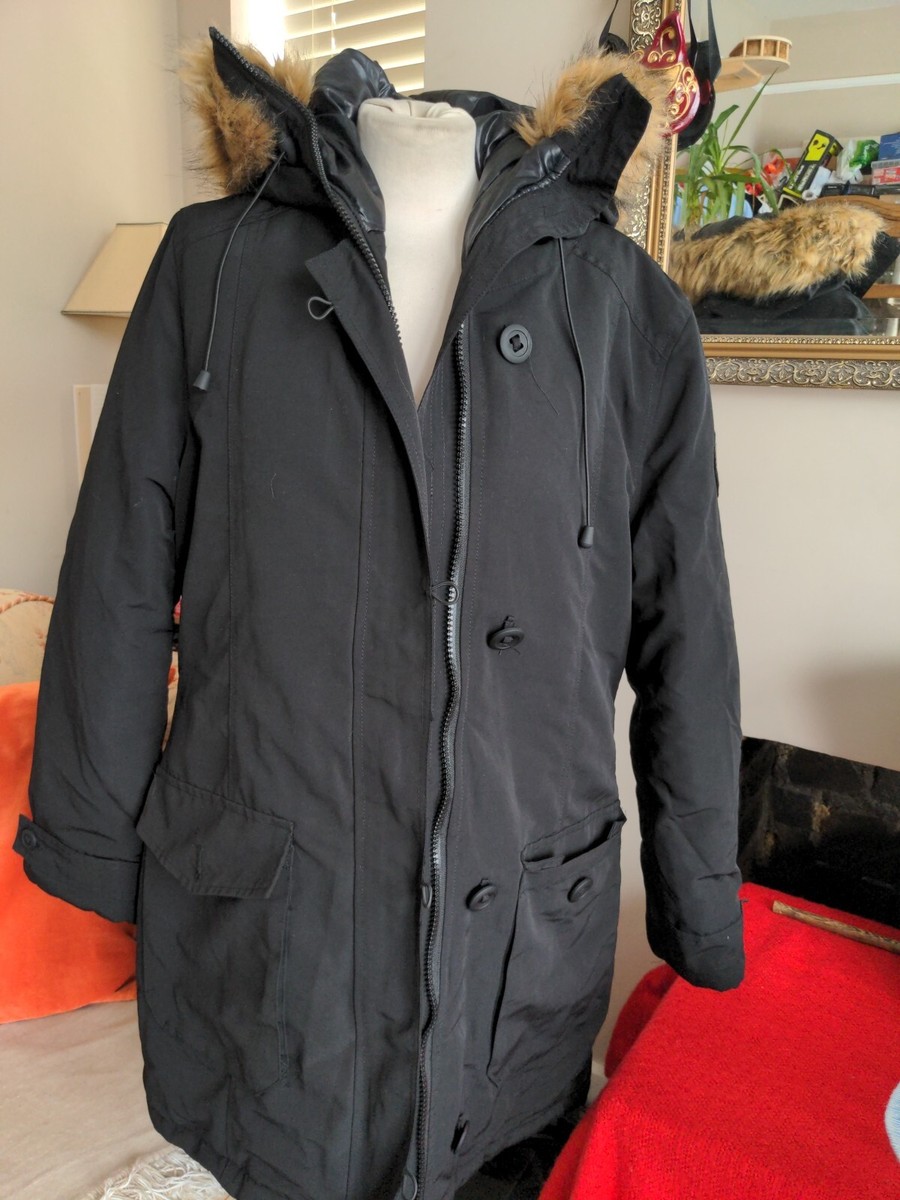 Brave Soul Coat Black Faux Fur Trim Hood Size 14 Waterproof