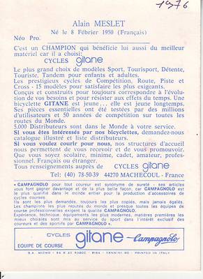 CYCLISME carte cycliste ALAIN MESLET équipe GITANE CAMPAGNOLO 1976