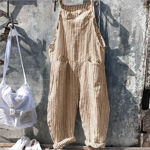 Women Loose Striped Dungarees Jumpsuit Summer Overalls Baggy Romper Casual Pants - Afbeelding 6 van 21