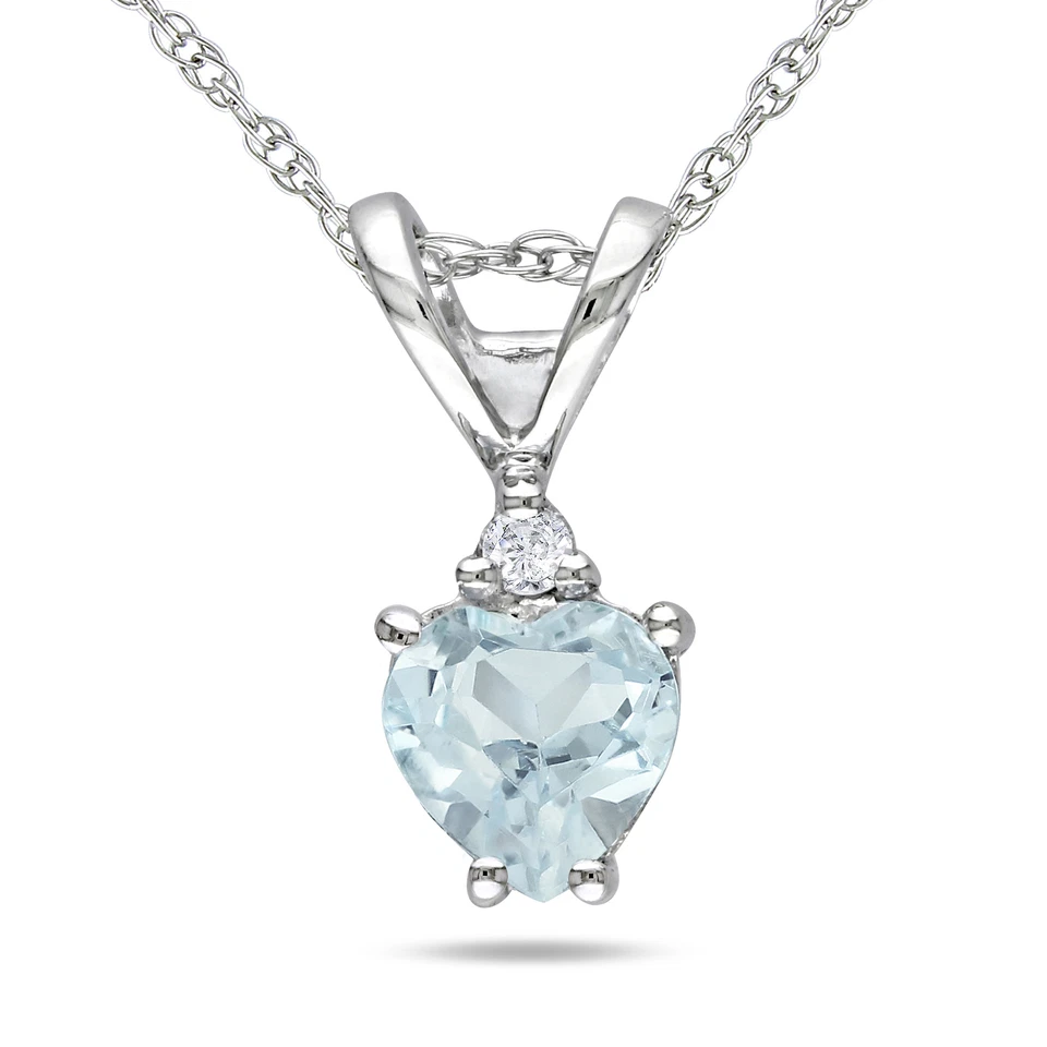 Amour 10k White Gold Aquamarine and Diamond Heart Shaped Pendant with Chain
