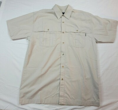  Go Fish Adventure Apparel Shirt Men Large L Khaki Brown Fishing S/S Button L