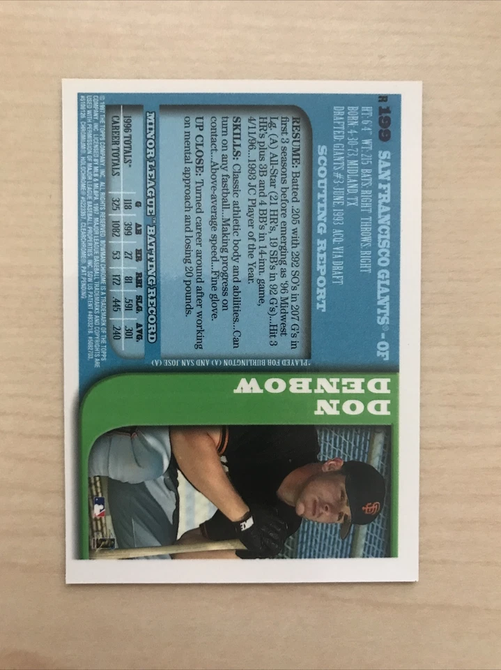 1997 Bowman Chrome Refractor Don Denbow #199 Rookie RC - Image 2 of 2