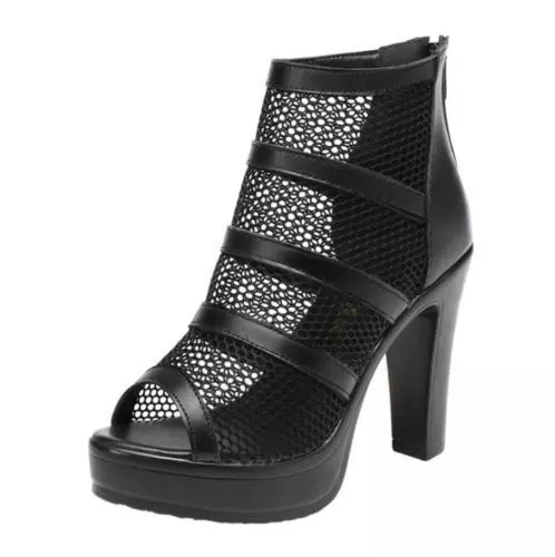 Women s Summer Fishnet High Block Heels Open Toe Mesh Zip Hollow Sandals Fashion