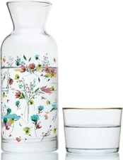 Bedside Water Carafe and Glass Set-23 oz Floral Pitcher with Cup for Nightstand