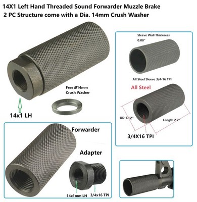 2PC Steel Matric 14x1 LH Sound Forwarder 3/4x16 TPI Muzzle Brake W Crush Washer