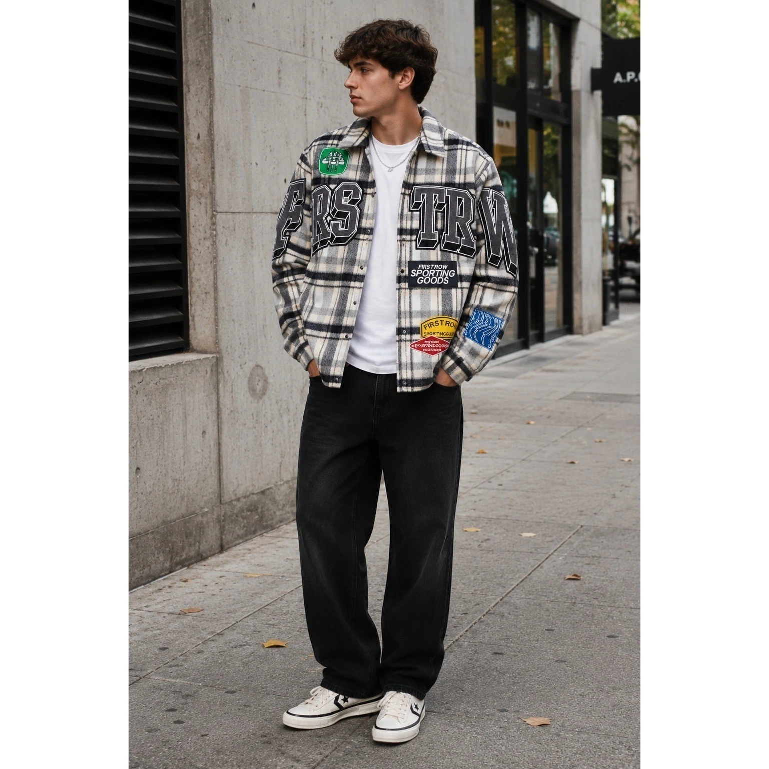 First Row Sporting Goods Plaid Varsity Patch Shirt Jacket Mens M Streetwear image 1