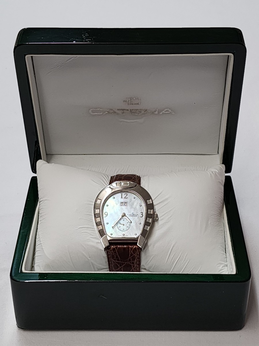 Catena Equis Horseshoe Watch MOP Dial Steel Case Leather Crocodile