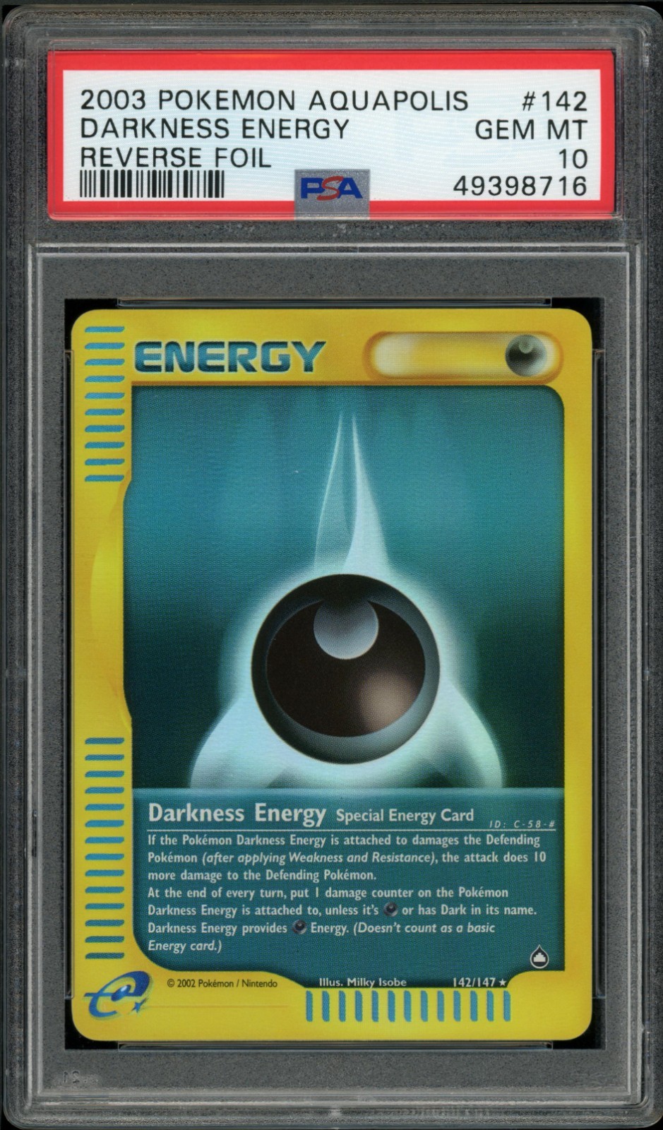 PSA 10 Gem Mint Darkness Energy 142/147 Reverse Holo e-Series Aquapolis 2003