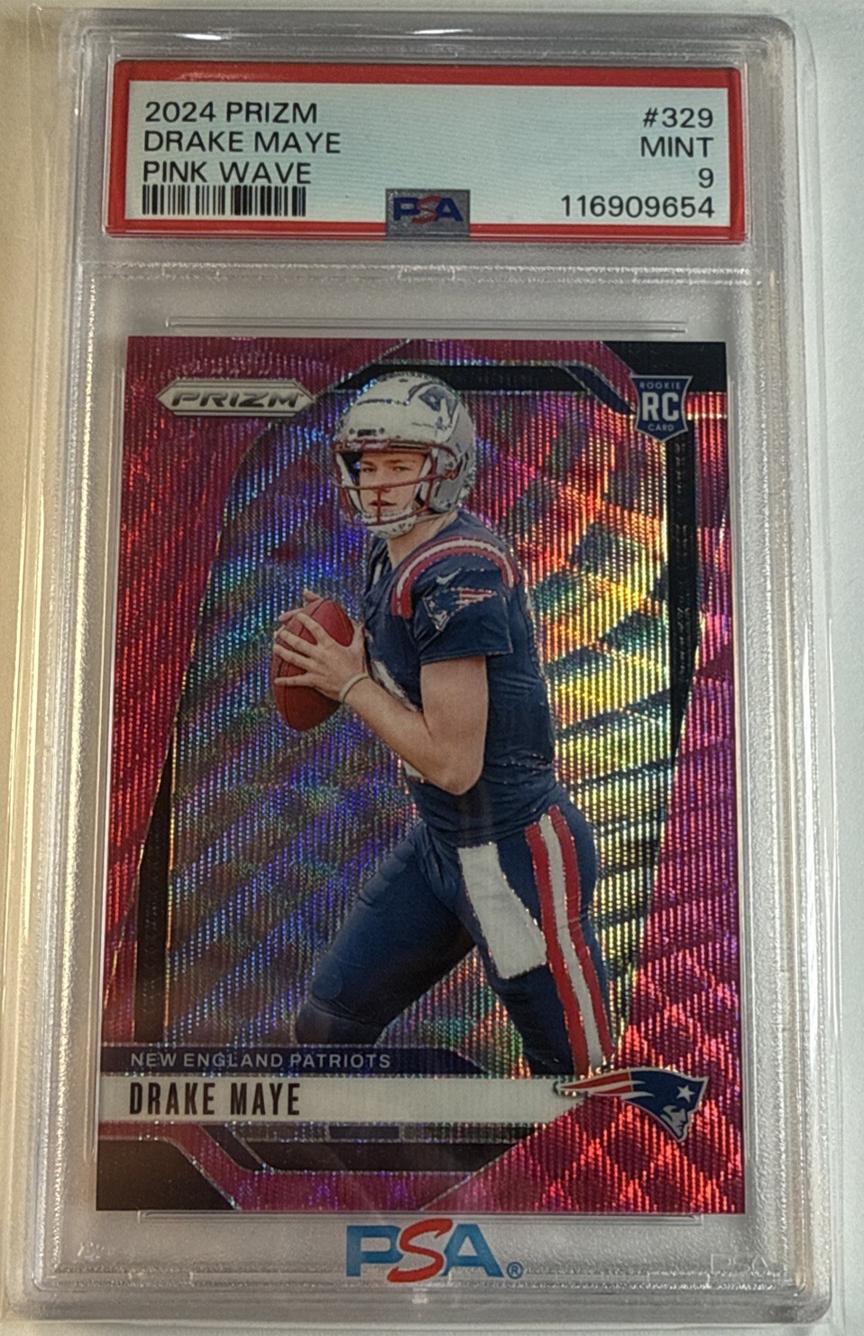 2024 Panini Prizm Drake Maye Pink Wave #329 RC PSA 9. MVP Candidate Patriots