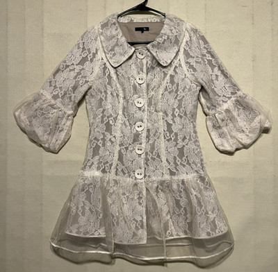 Anthropologie Ryu White Lace Sheer Button Front Jacket Coat Boho Romantic S