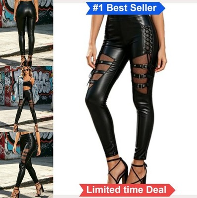 Faux Leather Leggings Women High Waisted Gothic Punk Fishnet Lace Up Skinny