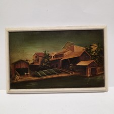 Piccolo Dipinto Su Tavoletta Raffigurante Villaggio Di Case Con Cornice