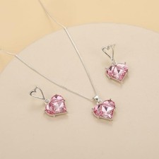 Luxury Silver Tone Pink Heart Necklace and Dangle Earrings Crystal Jewelry Set