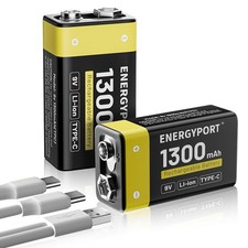 2 Pcs 9 Volt Lithium Ion Rechargeable Batteries 1300mAh with USB-C Type Cable