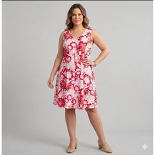 SALE Lands' End Floral Linen Sun Dress Women 14 Pink Red Tropical Sleeveless