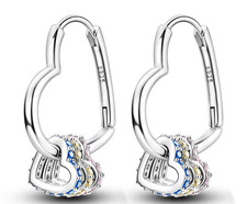 .925 Sterling Silver Hinged Huggie Hoop Earrings Heart Dangle Pav Multicolor CZ