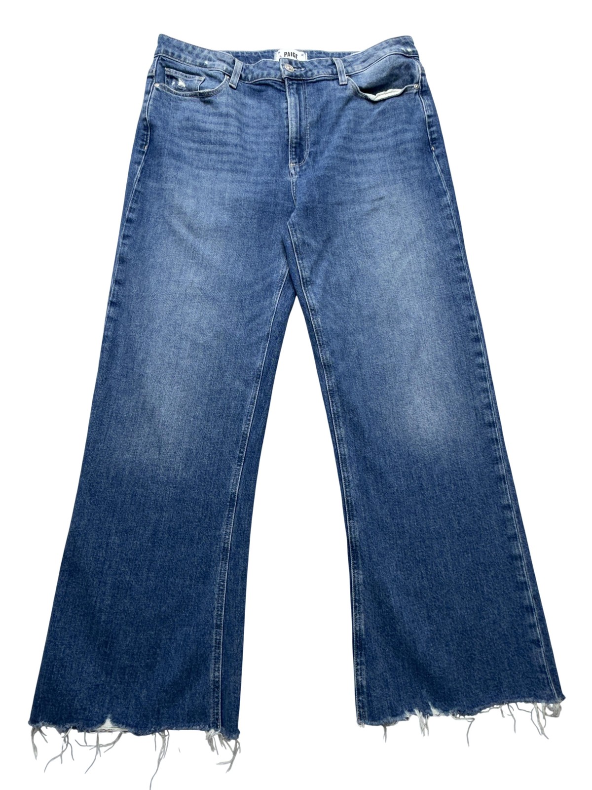 Paige Leenah Ankle Wide Leg Jeans Womens 31 Blue High Rise Distressed Raw Hem