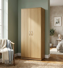 Modern High Gloss Wooden 2 Door Oak Wardrobe With Hanging Rails Bedroom Storage