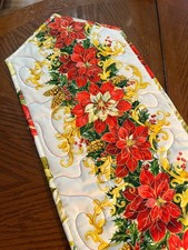 Handcrafted-Quilted Table Runner- Christmas-Red Poinsettias NEW '25 Gold Scrolls