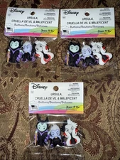 3x Dress It Up Disney Villain Buttons Ursula, Cruella De Vil, Maleficent