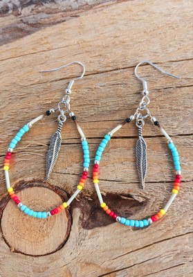 New Teardrop, Handmade Native American Porcupine Quill Beaded Earrings #F26