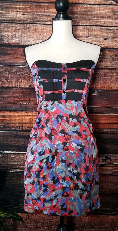 Vestido BCBGeneration Talla 4 Sin Tirantes Forrado Cremallera Espalda Plisado Estampado Abstracto  Foto 2 de 4