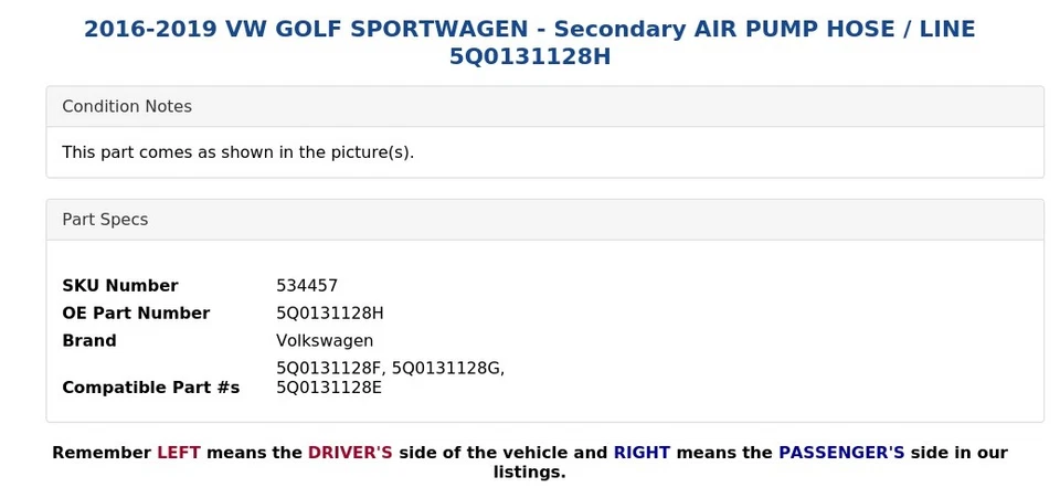 2016-2019 VW GOLF SPORTWAGEN - Secondary AIR PUMP HOSE / LINE 5Q0131128H - Image 4 of 4