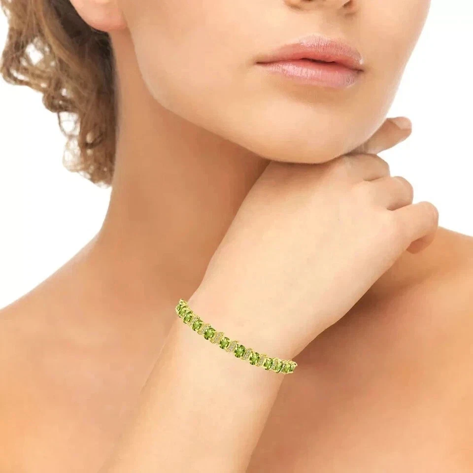 7CT Oval Cut Lab Created Peridot Women's Tennis Bracelet 14K Yell Gold Plated 7" - Image 3 of 4