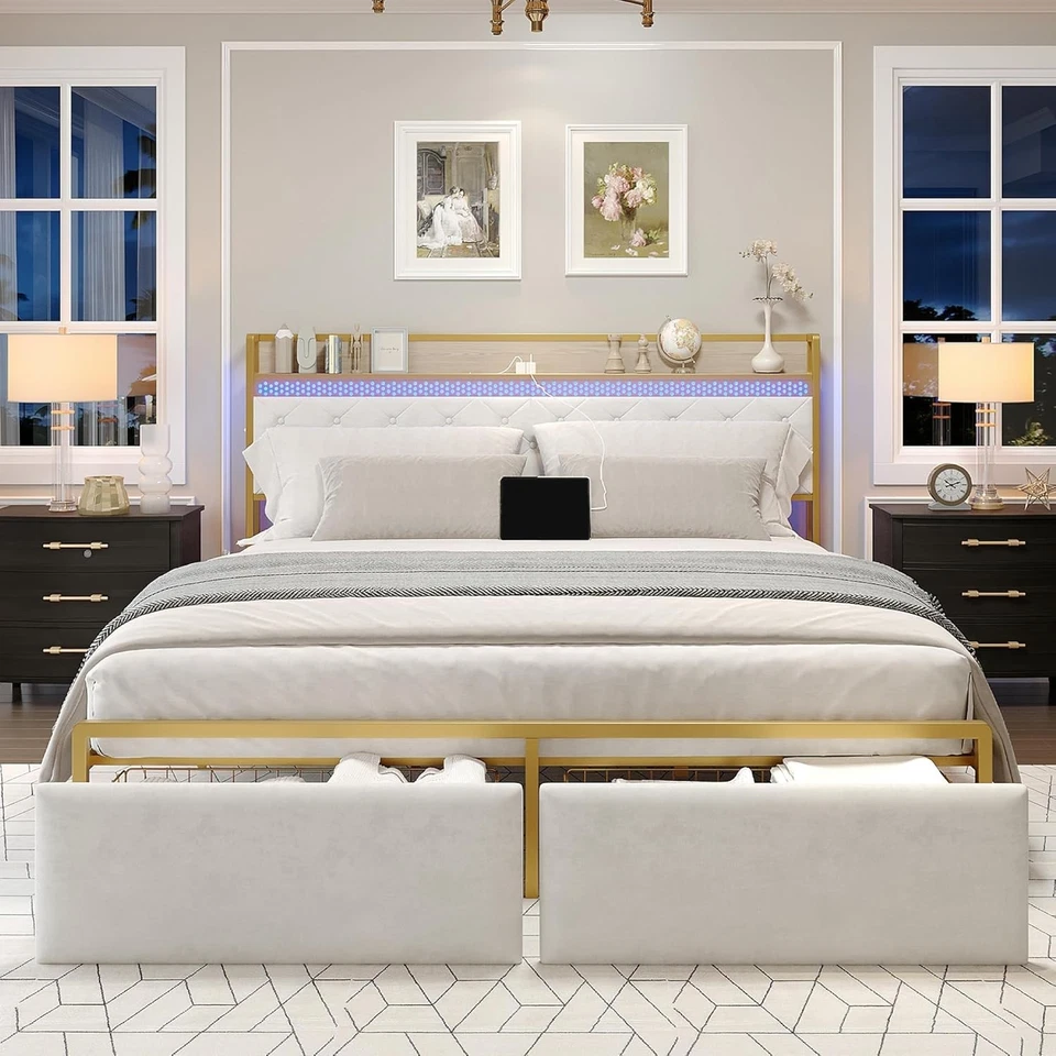 Marco de cama dorado tamaño king con luces LED y estación de carga y 2 cajones Foto 2 de 4