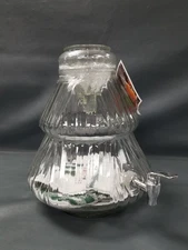 Clear Glass Holiday Time Beverage Dispenser w/ Tag Christmas Tree Shape 16" 