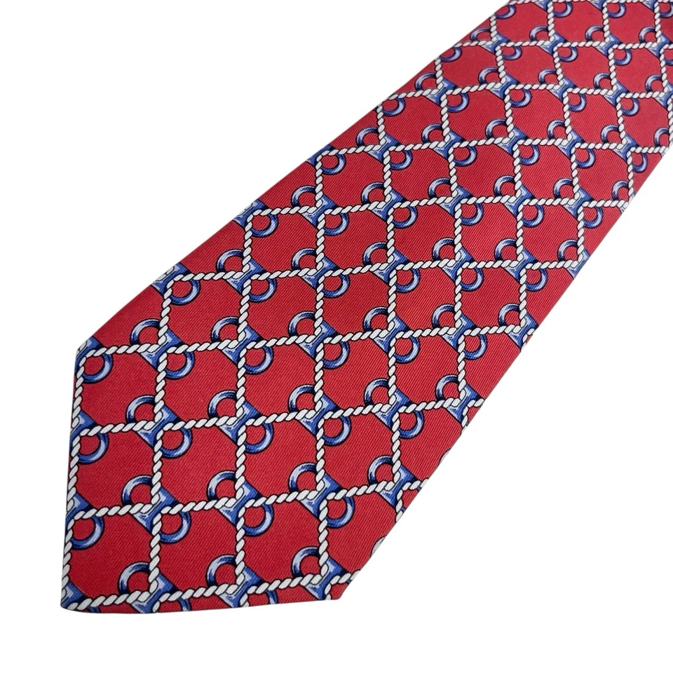 Corbata para hombre Hermes Chaine D'ancre rojo/azul satinado seda 682 OA 3,75" (W) 56" (L) guc Foto 4 de 4