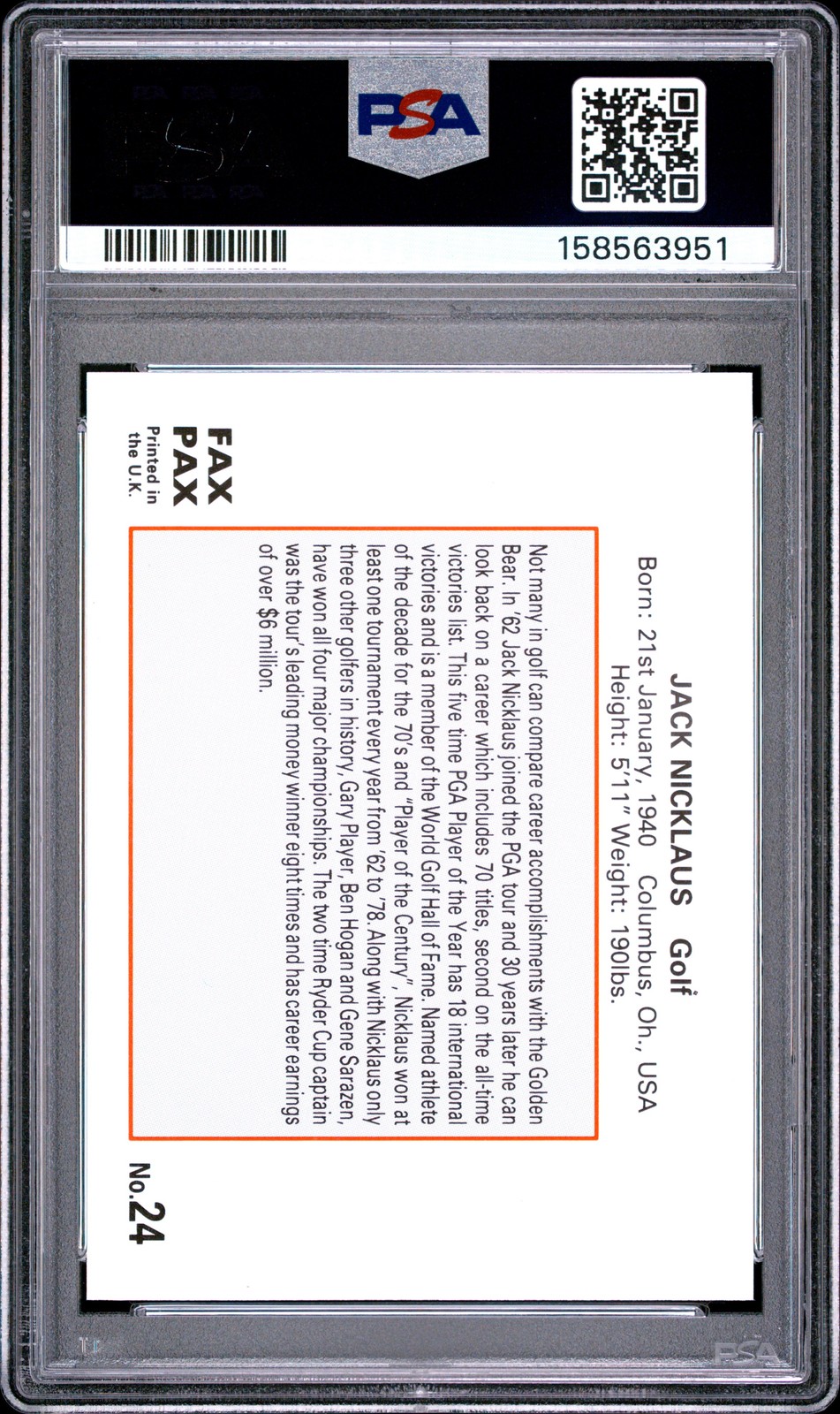 158563951 Jack Nicklaus 1993 Fax Pax World of Sport #24 PSA 10 view 2