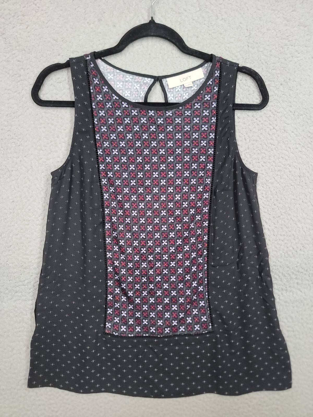 Ann Taylor Loft Black Print Mixed Media Button Back Tank Top Small Sleeveless
