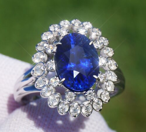 Sapphire Gold 14k Ring Diamond Ceylon Oval Blue 3.8CTW GIA Certif Genuine Real - Picture 1 of 7