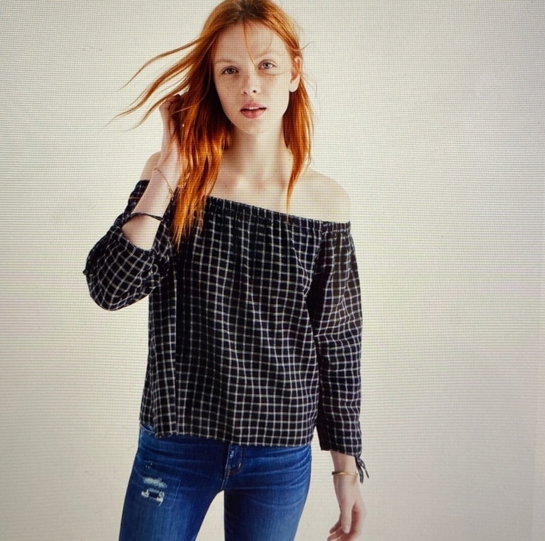 Madewell XXS Buffalo Plaid off the shoulder cotton top