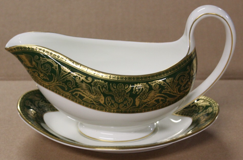 Wedgwood Bone China England Florentiner dunkelgrün W4170 Sauciere & Unterteller