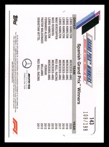 2021 Topps Formula 1 Aqua #143 Lewis Hamilton/Grand Prix Winner /199 - Picture 2 of 2
