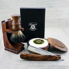 Barber Salon Shaving Kit Straight Razor Brush Soap Bowl Stand Wooden Accessories